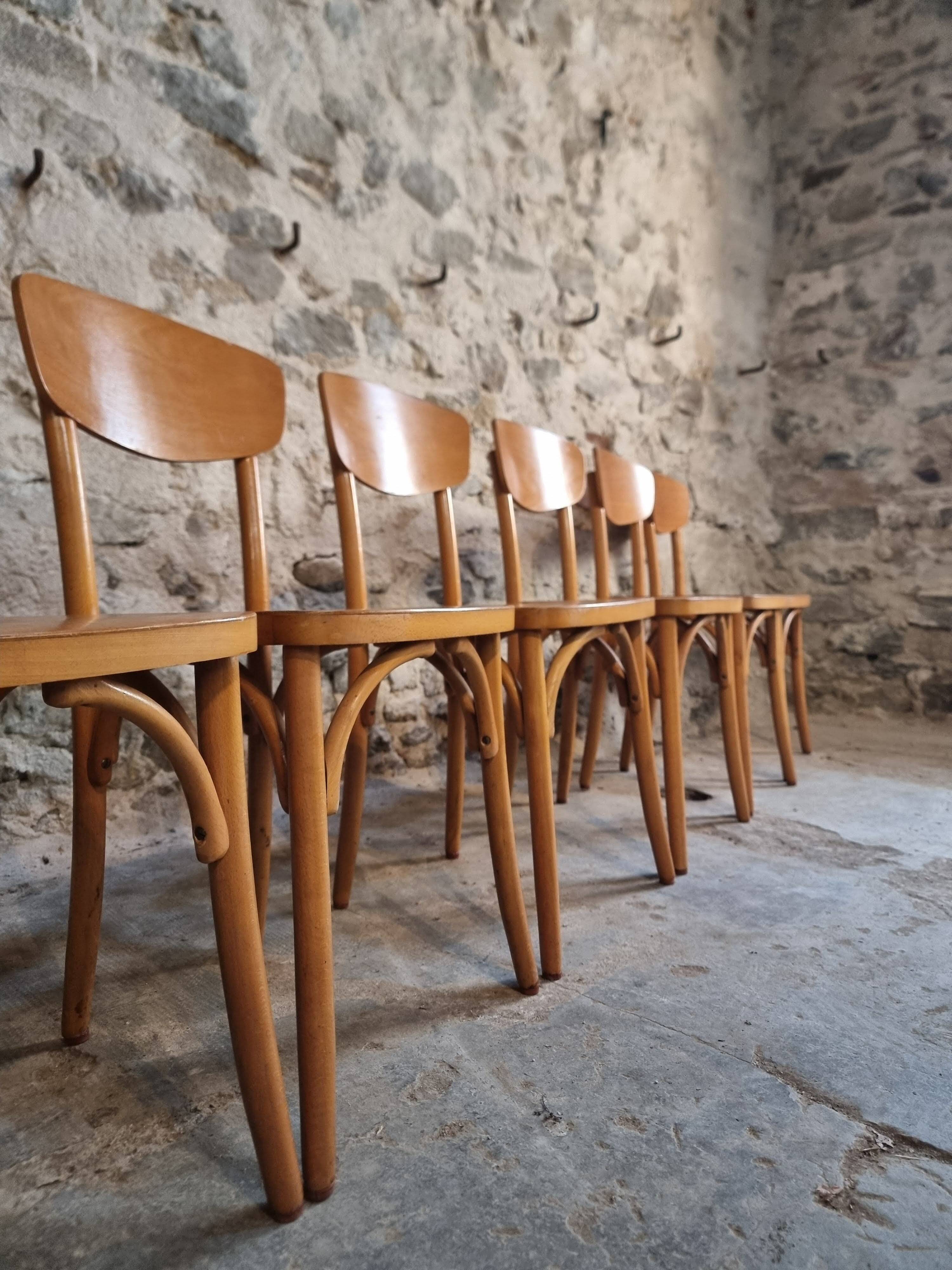 Ensemble de 6 chaises bistrot françaises vintage en bois courbé par Luterma, vers 1950–1970