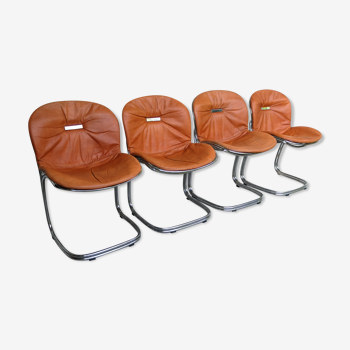Série de 4 chaises Sabrina design Gastone Rinaldi pour Rima, cuir fauve, 1970