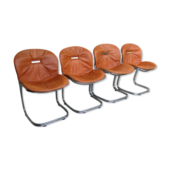 Seérie of 4 chairs Sabrina design Gastone Rinaldi for Rima, tawny leather, 1970