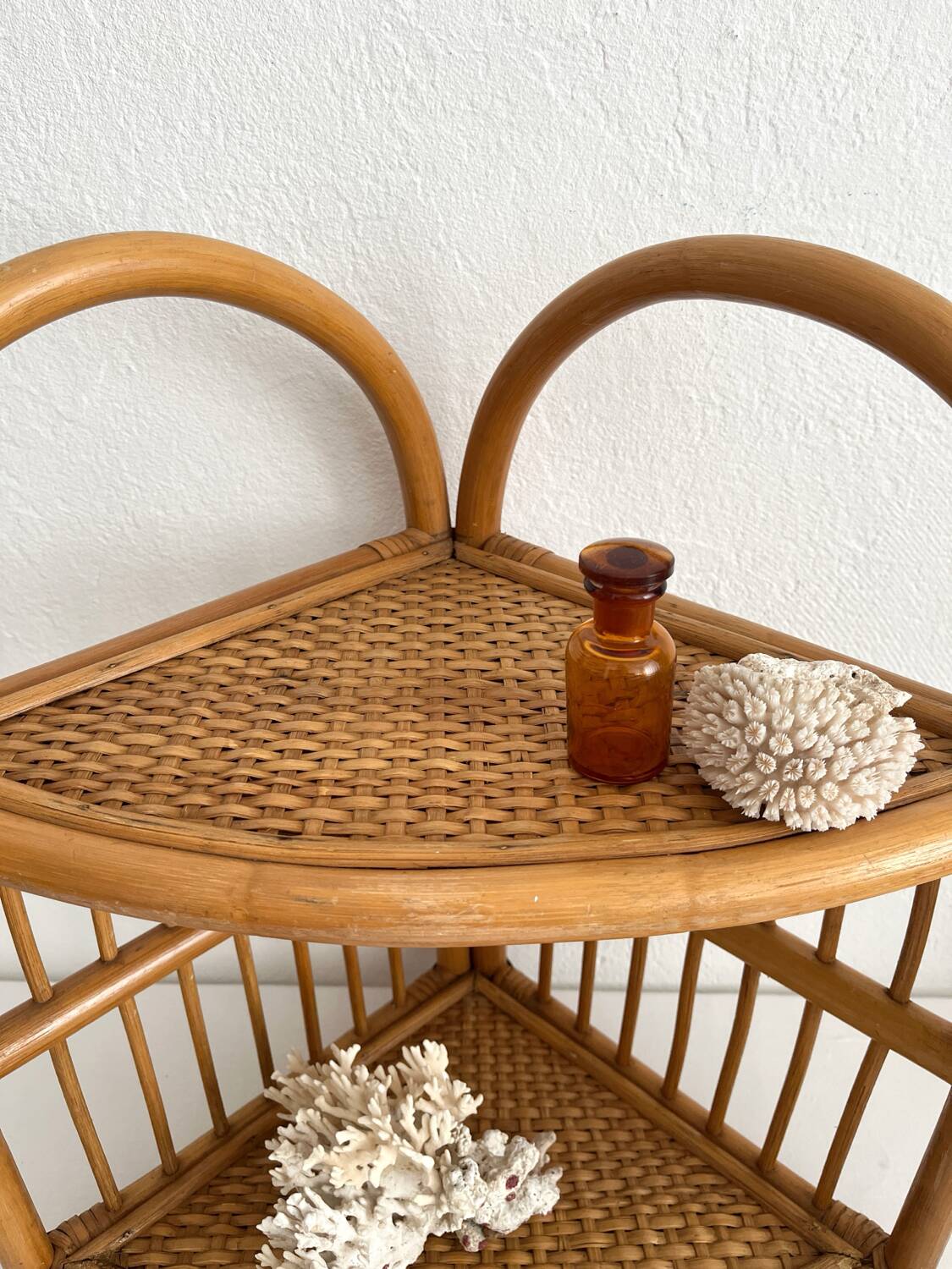 Vintage bamboo and rattan corner shelf