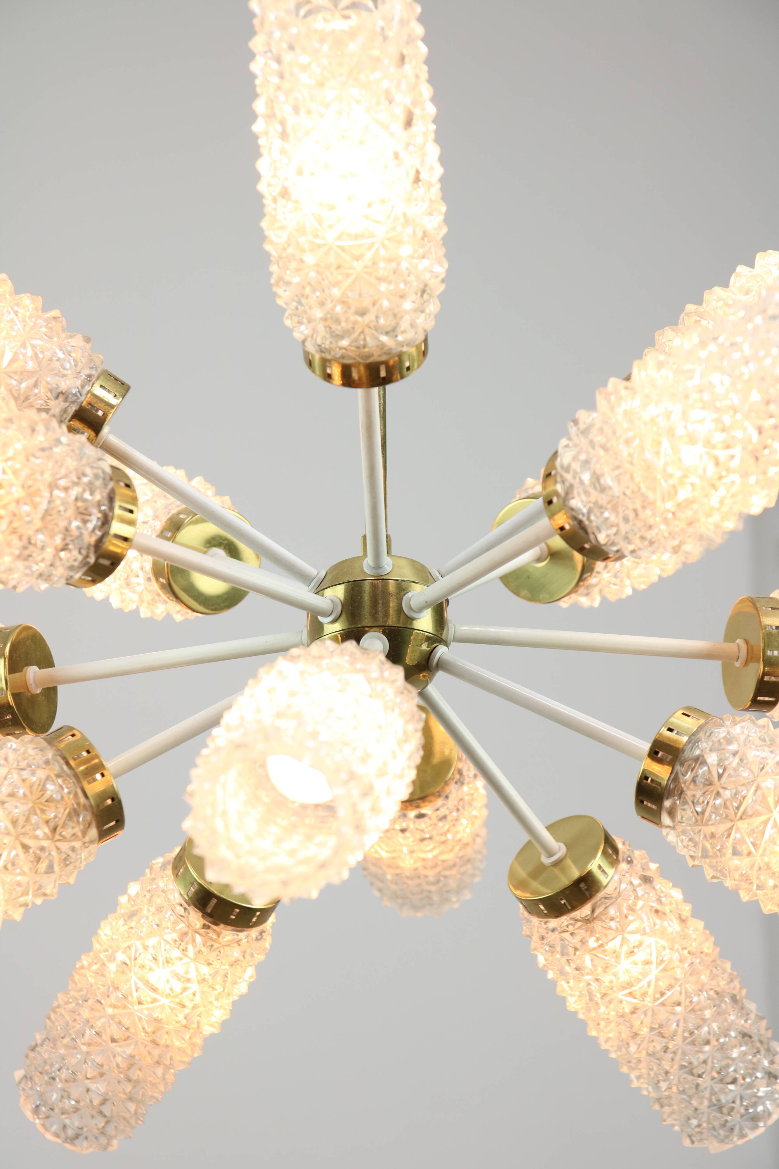 Vintage Sputnik Chandelier: Brass & Textured Glass, Mid-Century Modern Ligh