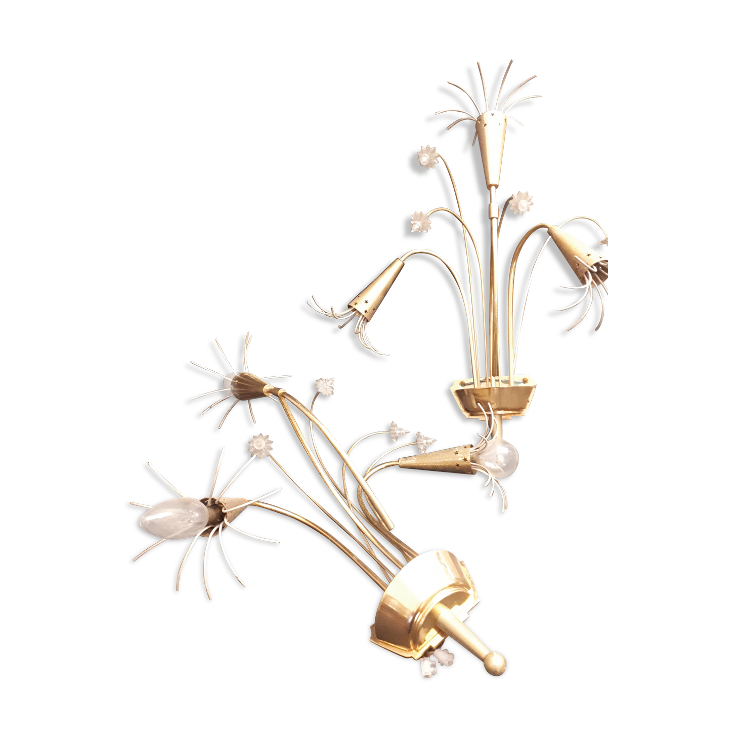 Pair sconces metal dore décor stars Lunel vintage 1950