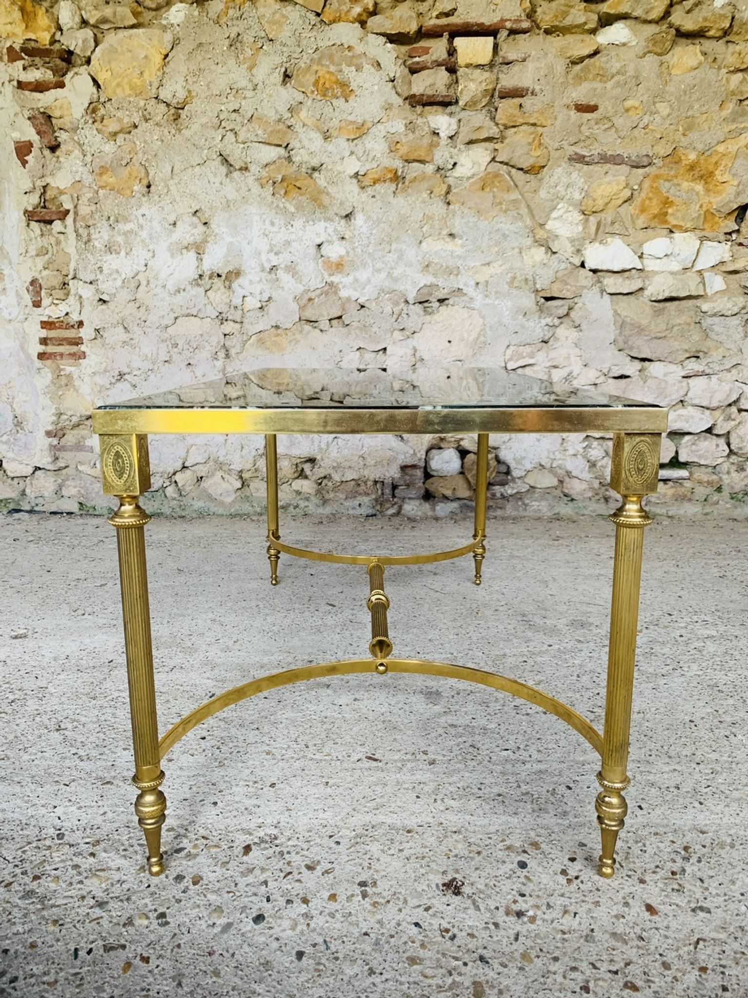 Mid-century coffee table in green marble and brass, 1960s