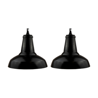 Vintage Industrial Black Pendant Lamps 1950s, Set of 2