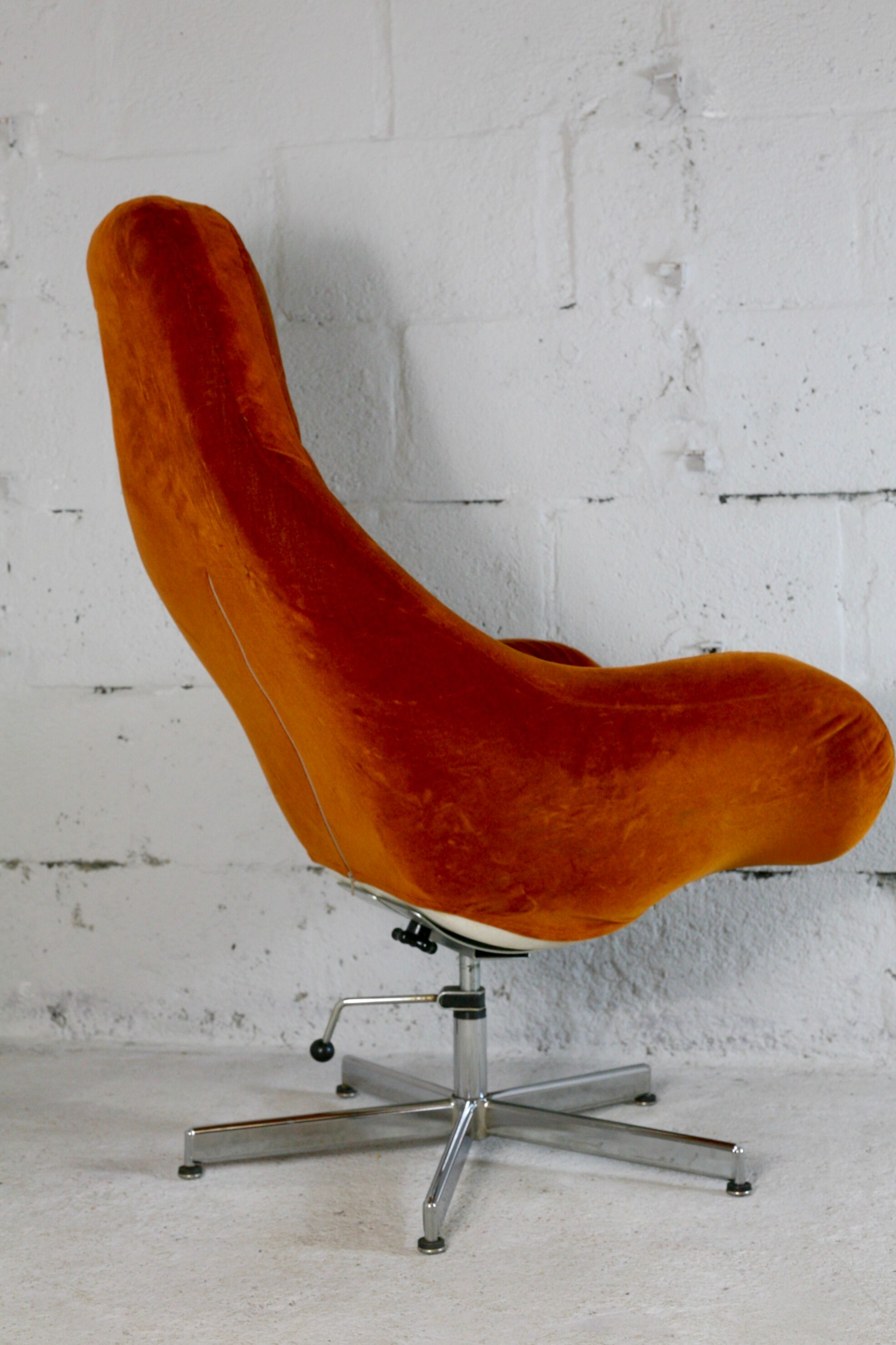 Space age chair, fiberglass, orange velvet, circa 1970s