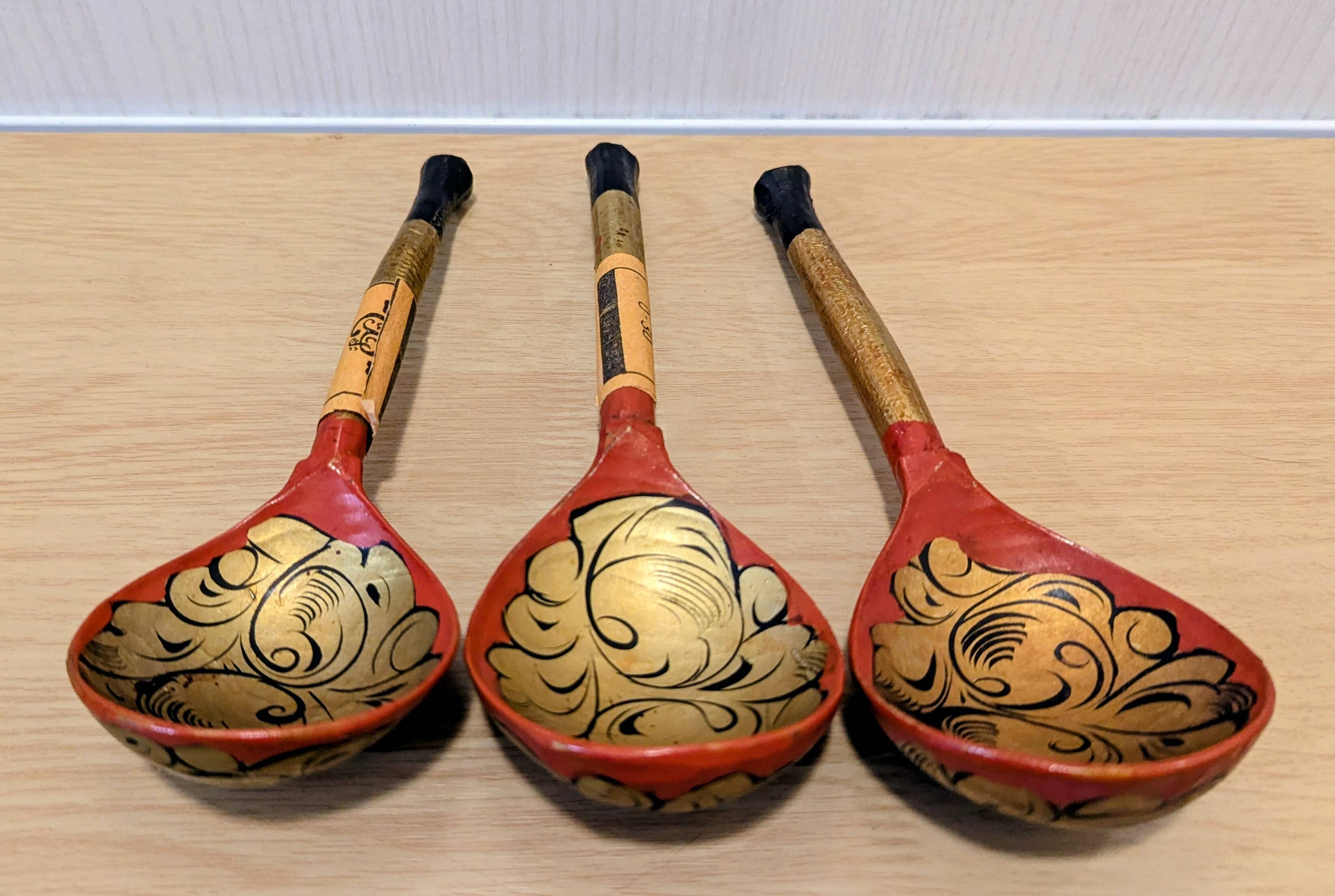 Vintage Khokhloma set – bowl + 7 painted ladles USSR