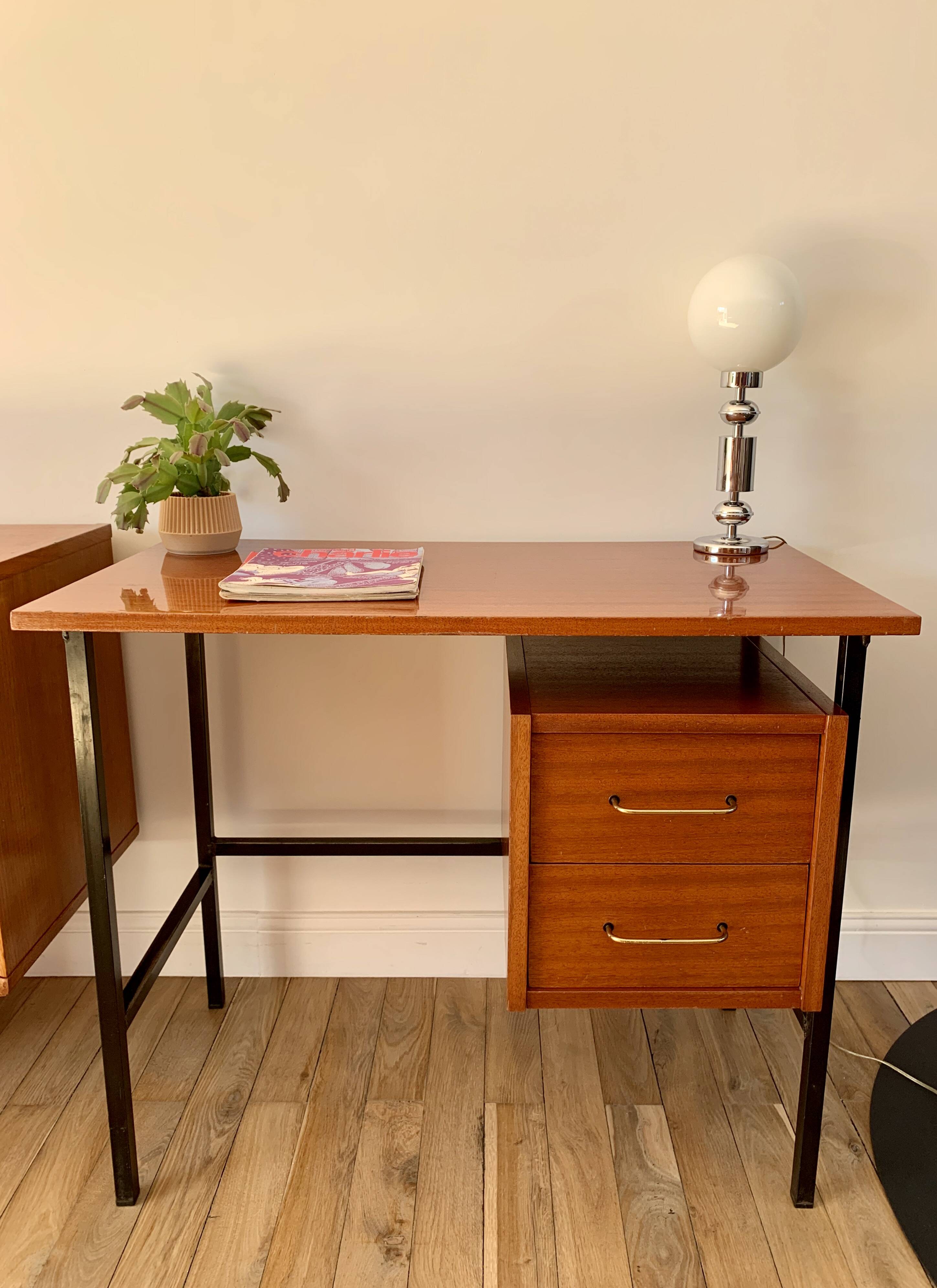 lacquered wood desk and black steel legs design from the 60s and 70s