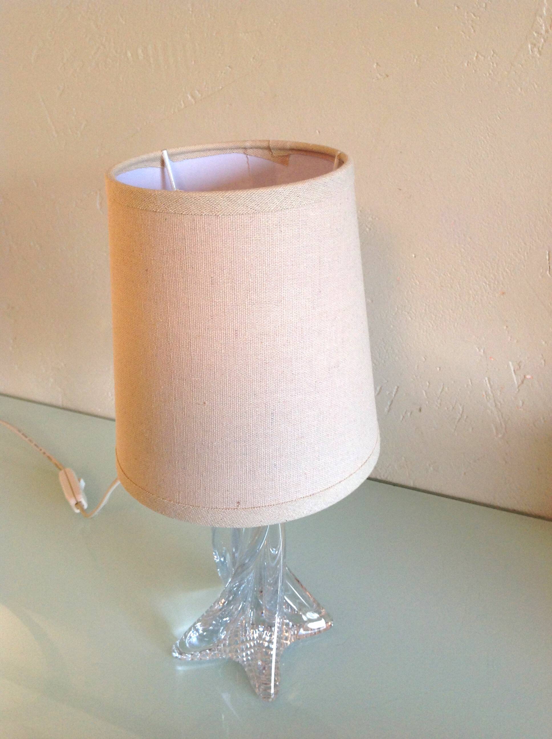 Bedside lamp with glass base and beige fabric lampshade / vintage 60s-70s