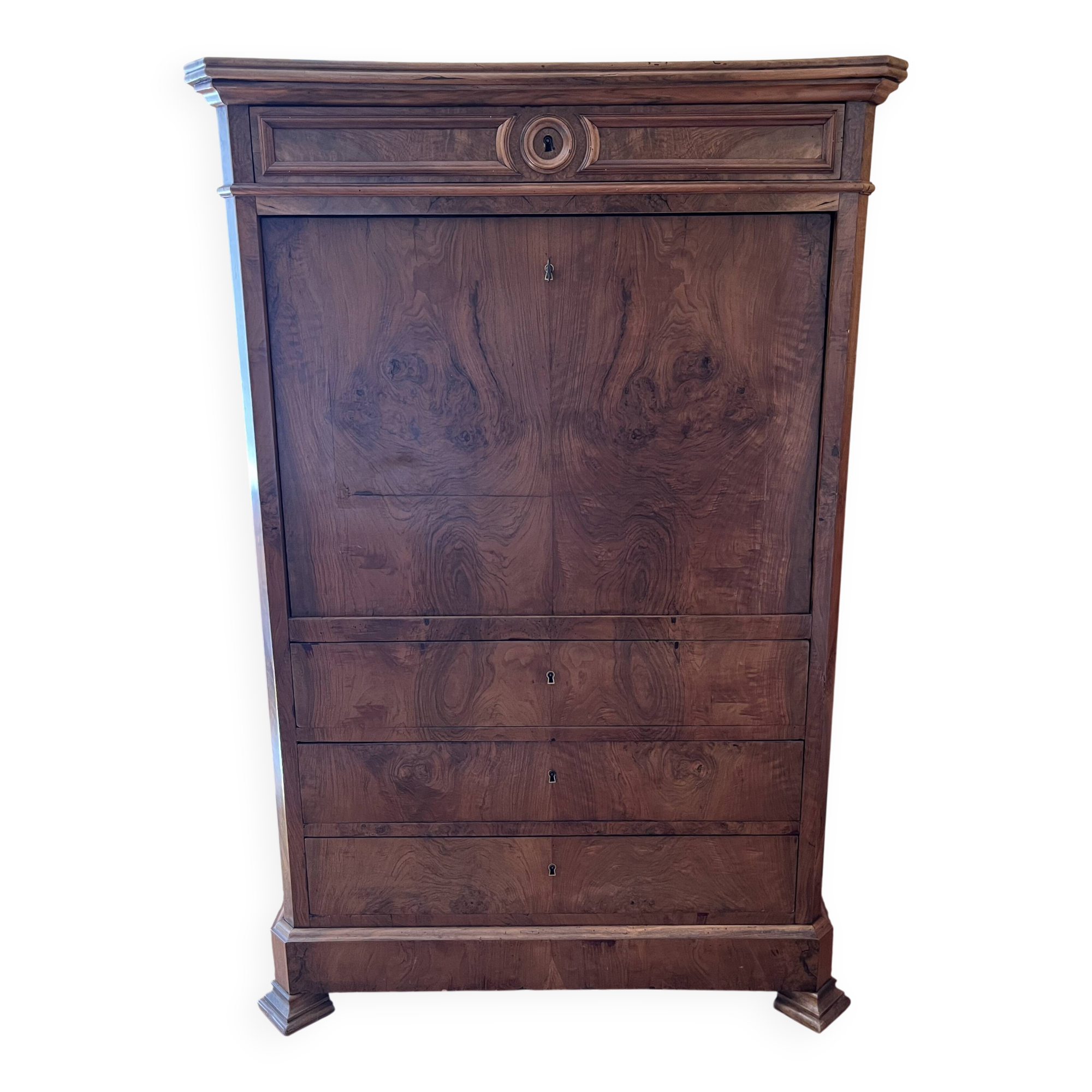Antique secretary in flamed walnut, Louis-Philippe period.