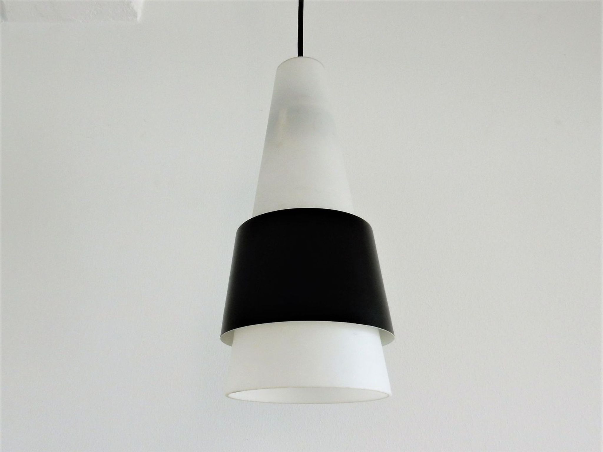 White Opalin Glass Suspension with Black Metal Ring, 1960s