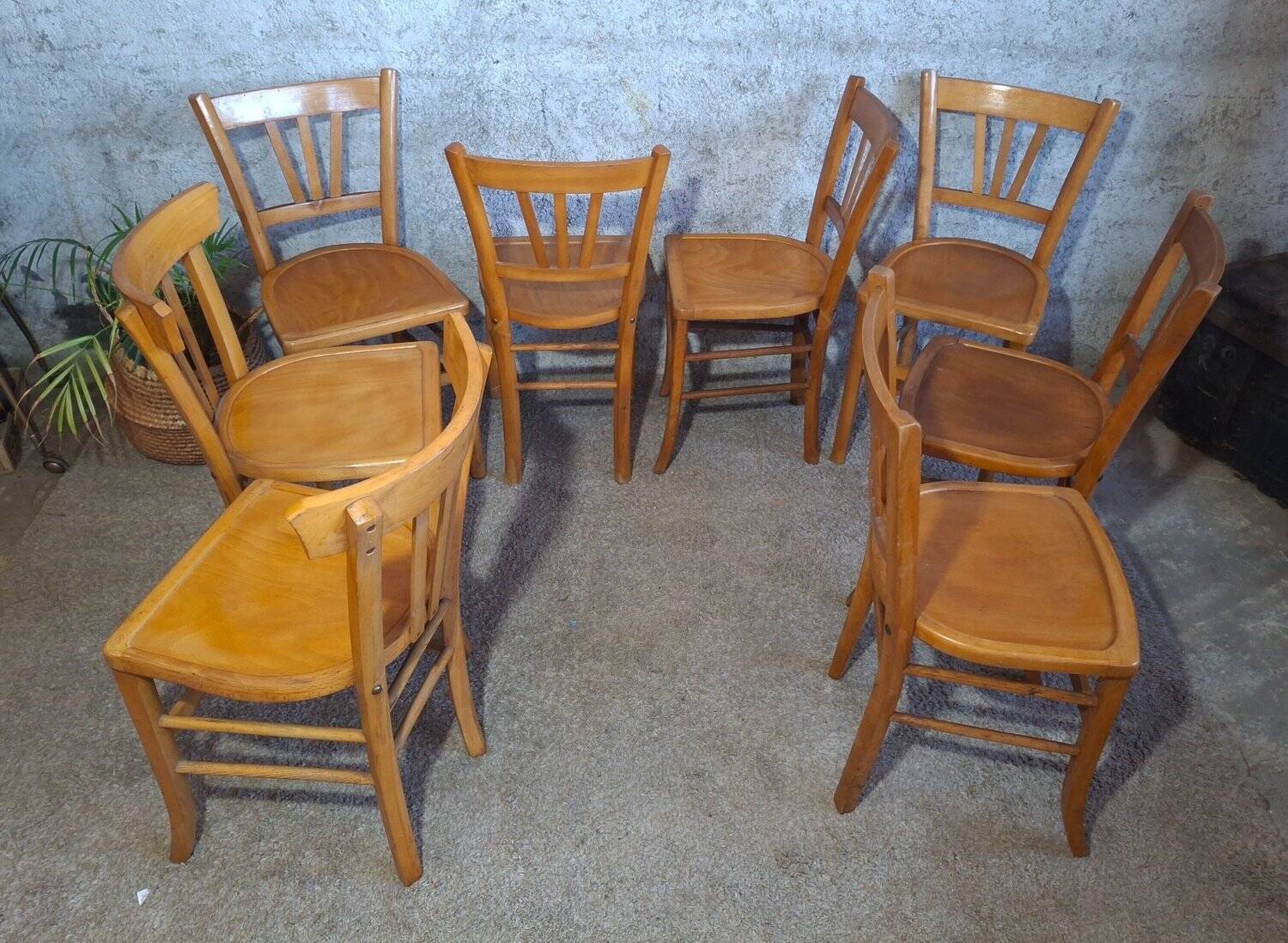 8 Bistro Chairs including 2 Authentic 1950s Solid Beech Luterma Chairs