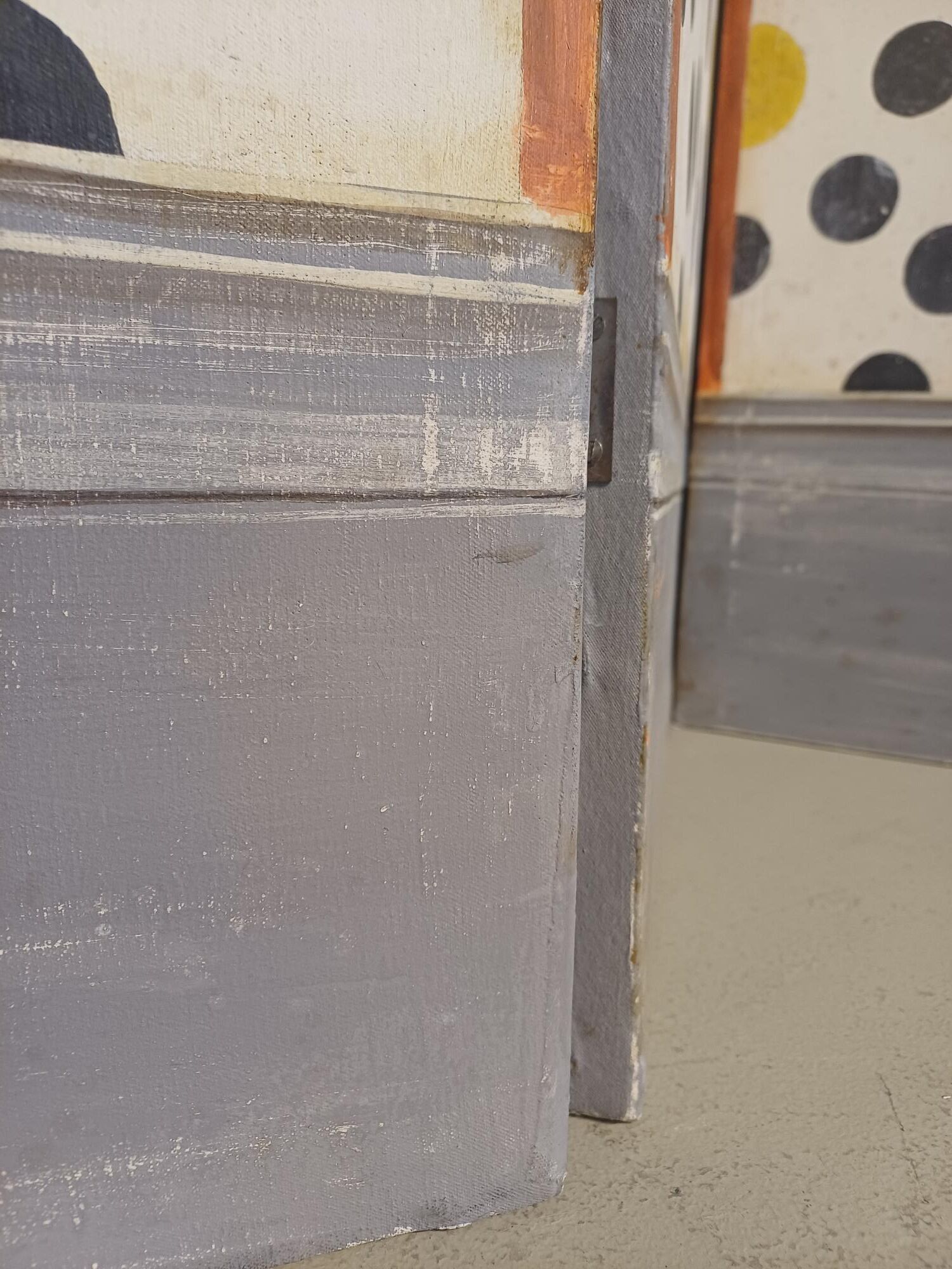 Old screen, reupholstered in linen with recent decorative paint.