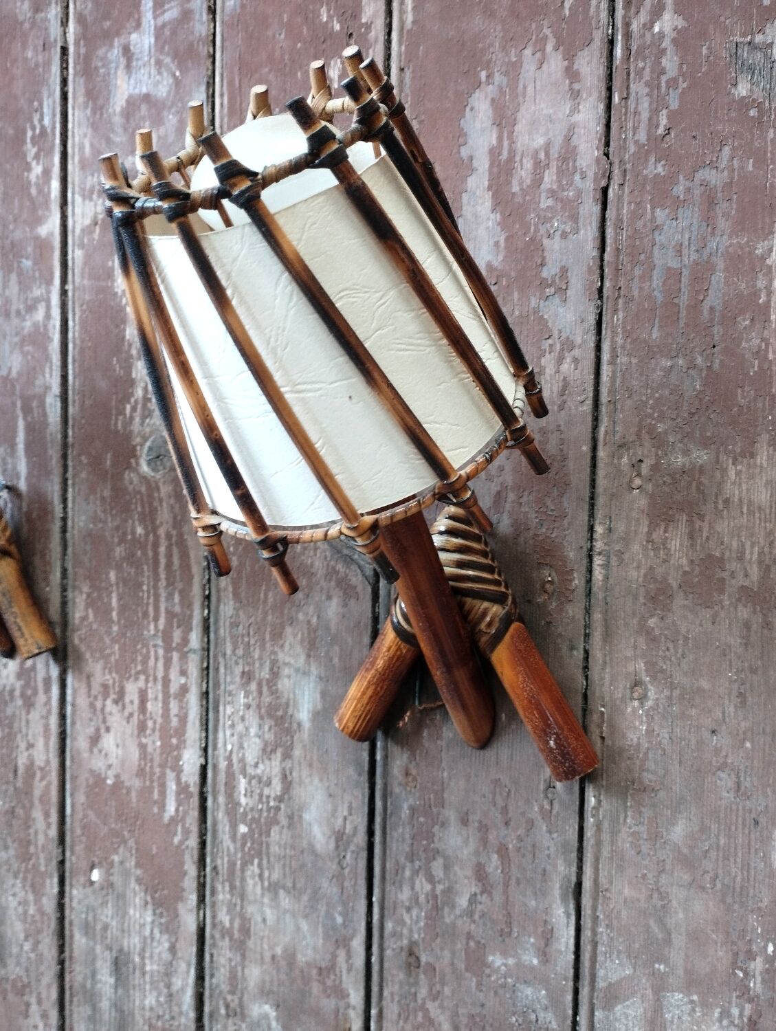 Pair of vintage rattan and bamboo wall lights