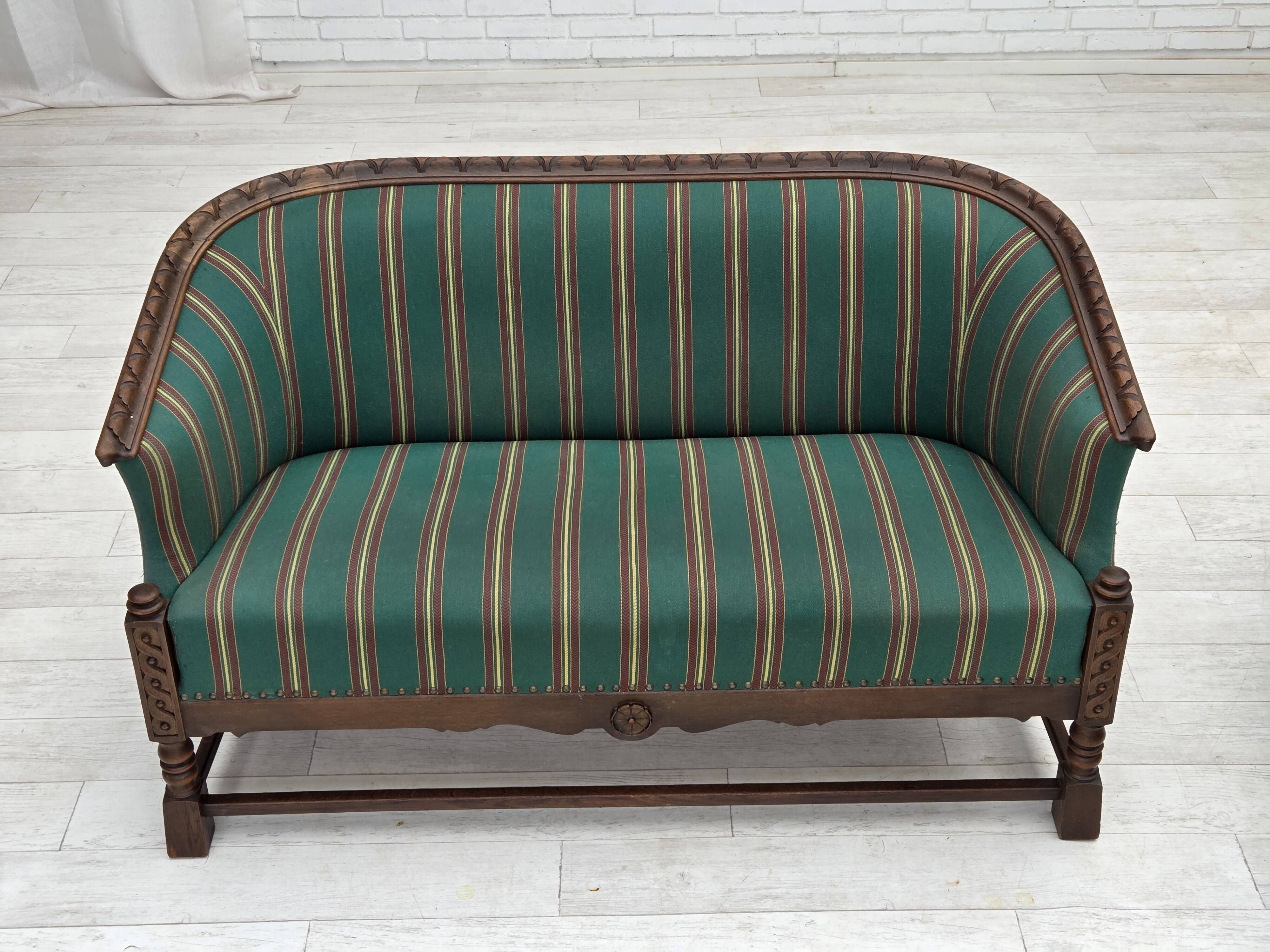 1950s, Danish 2-seater sofa, green furniture wool, oak wood.