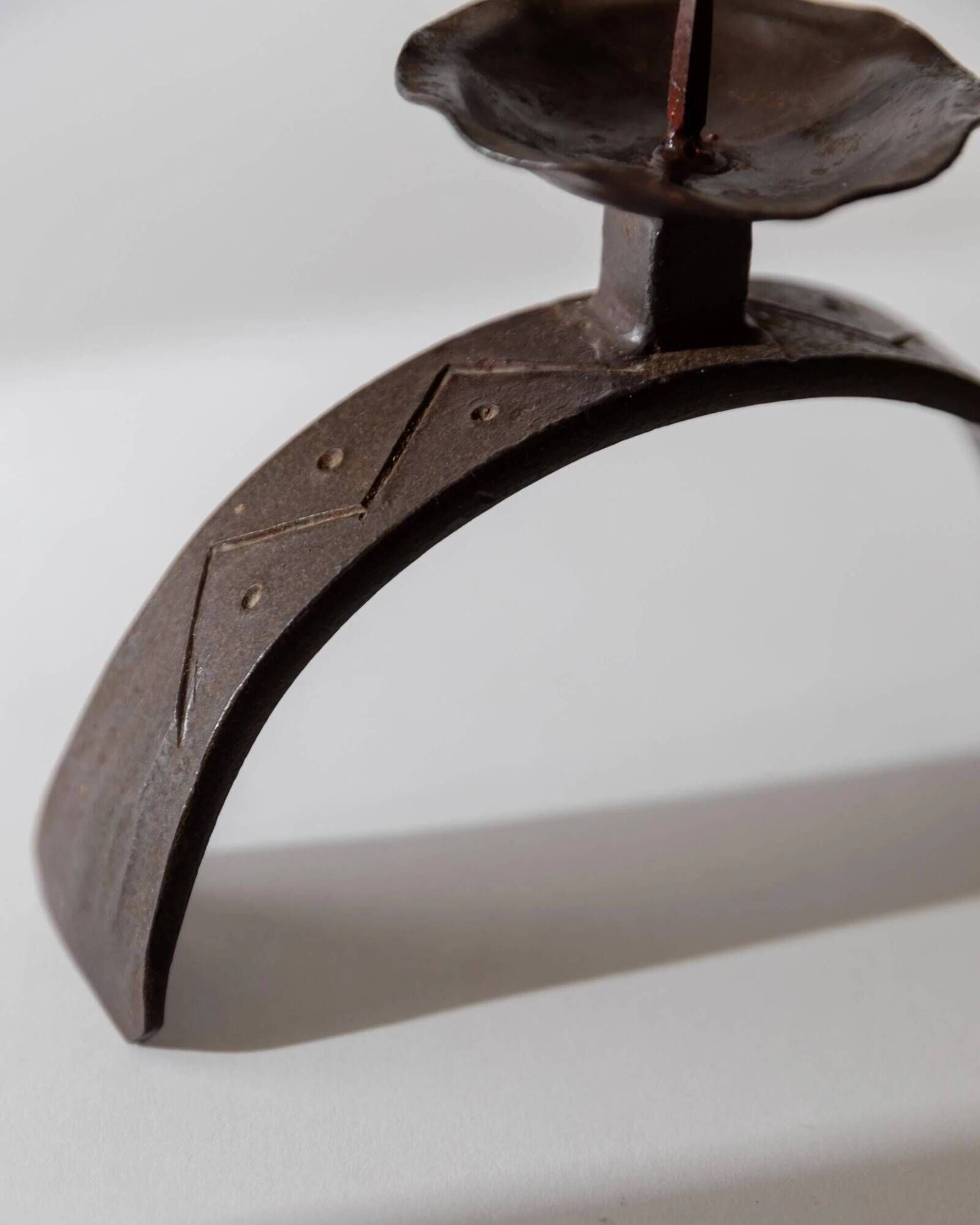 Vintage wrought iron candlestick from the 1960s, sculptural relief pattern for pillar candle, rustic Mid-Century metal, elegant gift idea.