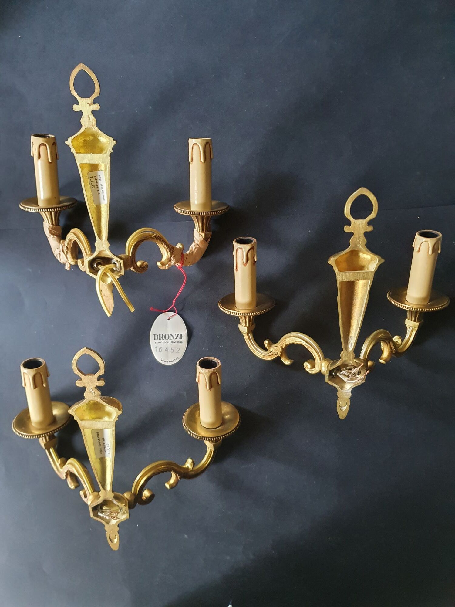Three Louis XVI bronze wall sconces Lucien Gau Paris vintage