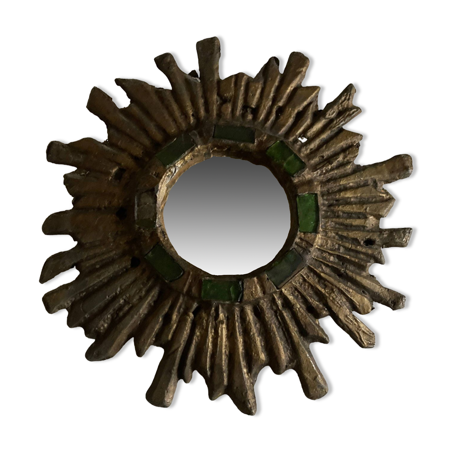 Sun mirror by Irena Jaworska in gilded lead and green glass 1960