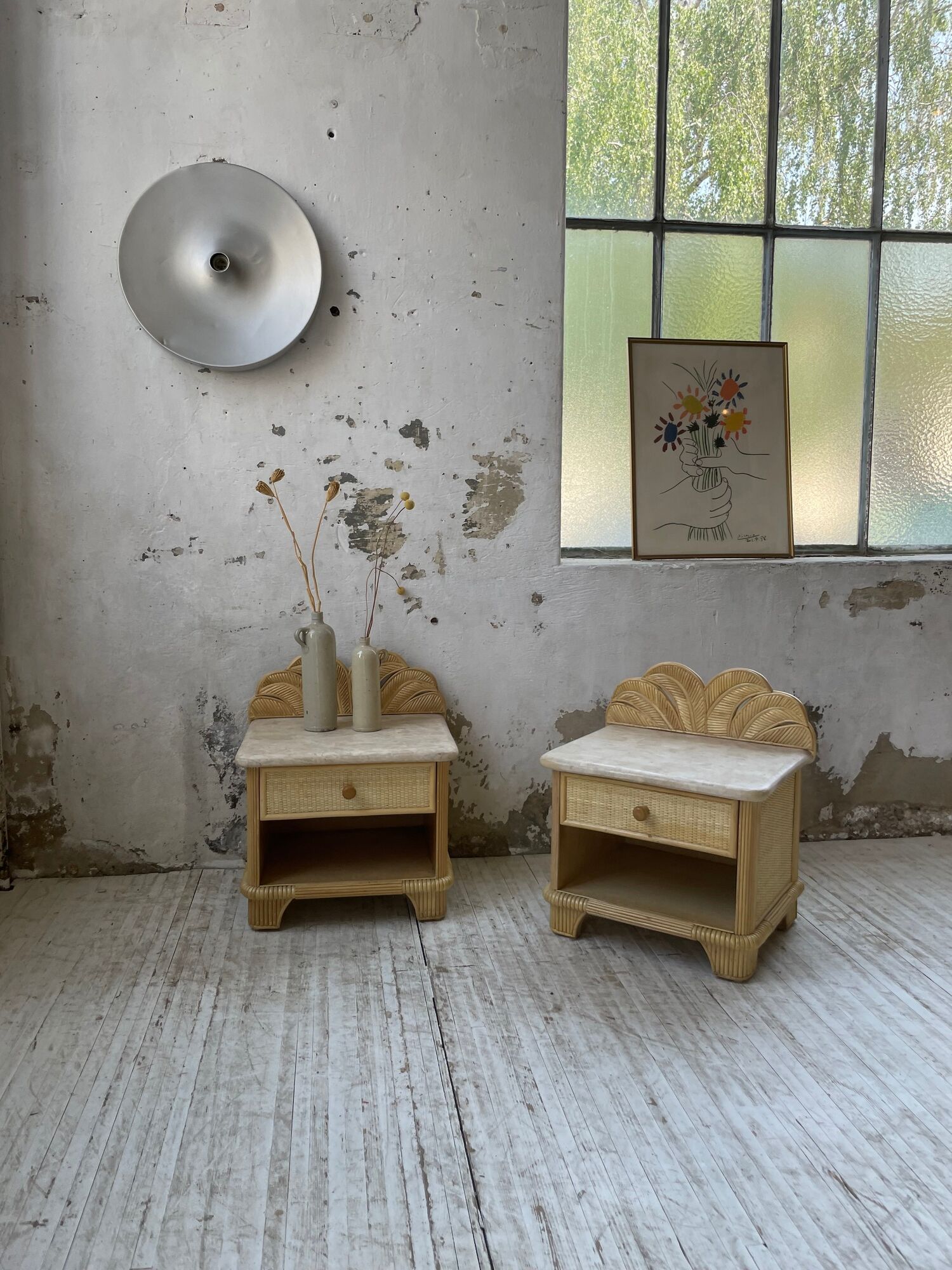 Pair of travertine bedside and rattan palm tree "vivai del sud"