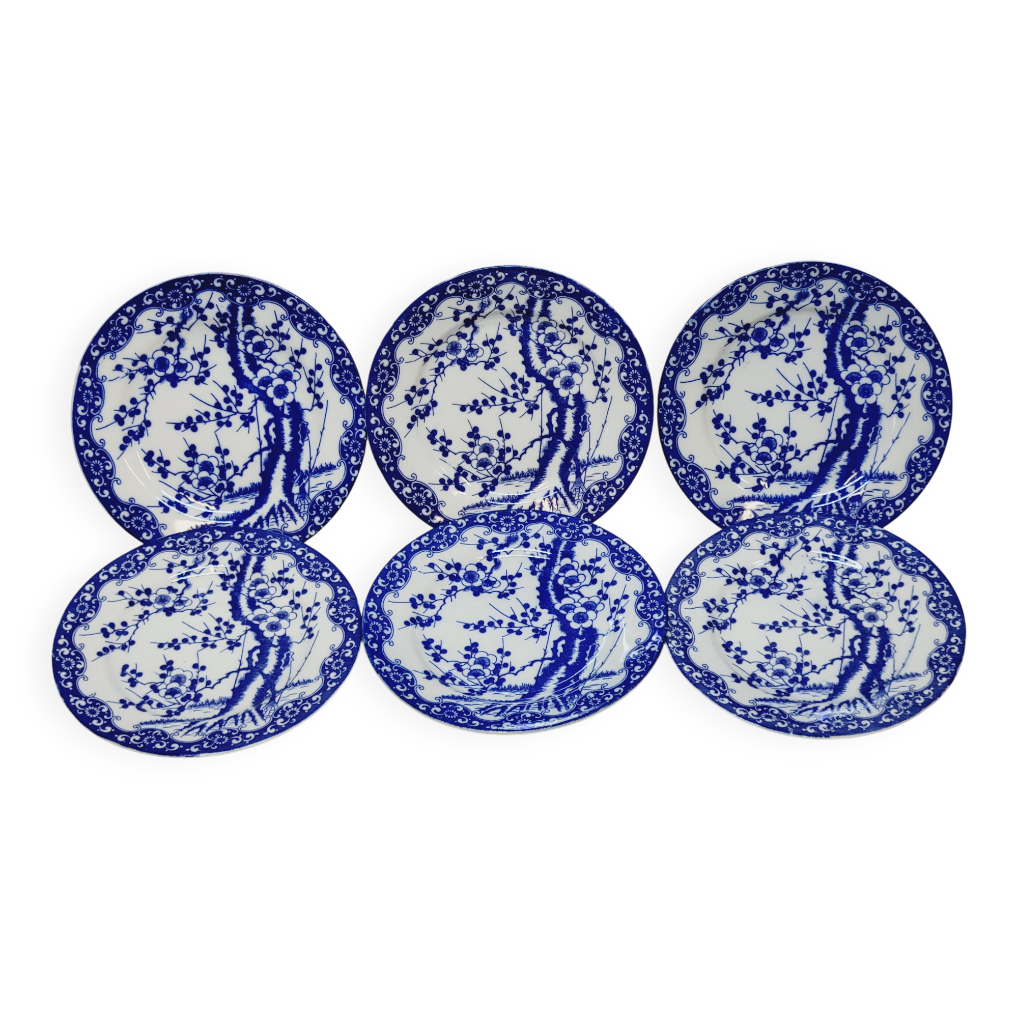 6 Small Dessert Plates in Fine Porcelain with Cherry Blue Decor