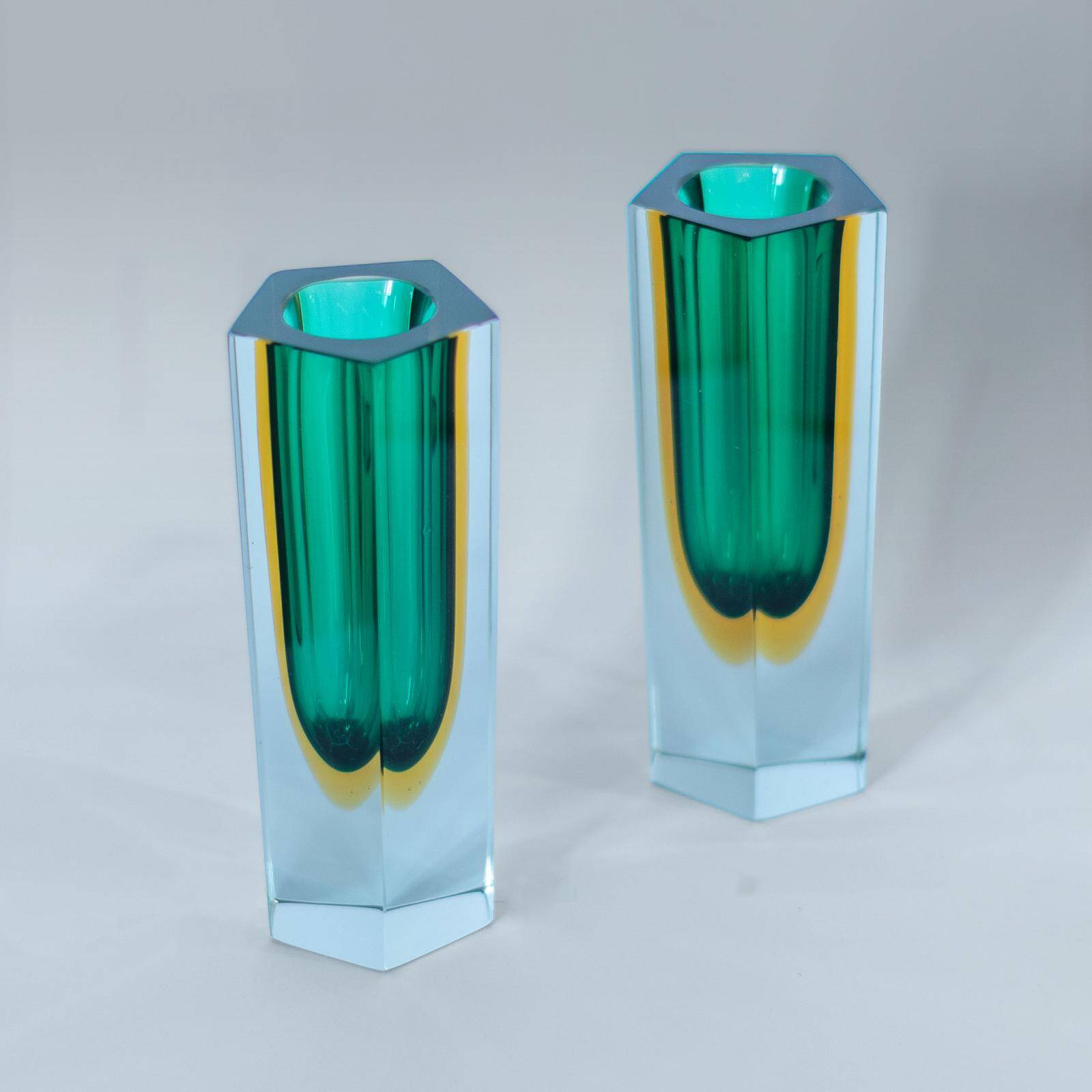Flavio Poli Murano Sommerso Vases, Green & Yellow Glass, Set of Two