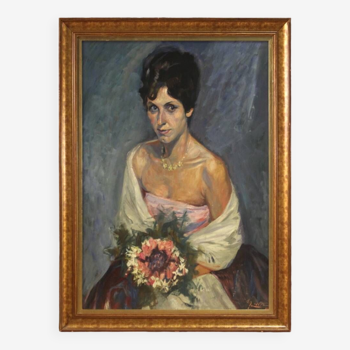 Painting portrait of a lady with a bouquet of flowers from 20th century