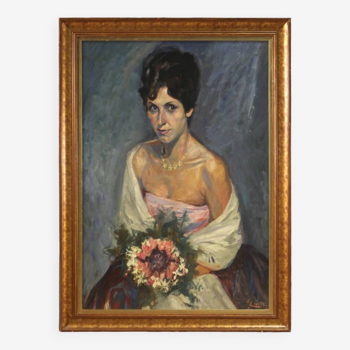 Tableau portrait d'une dame au bouquet de fleurs du 20ème siècle