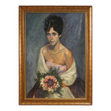 Tableau portrait d'une dame au bouquet de fleurs du 20ème siècle