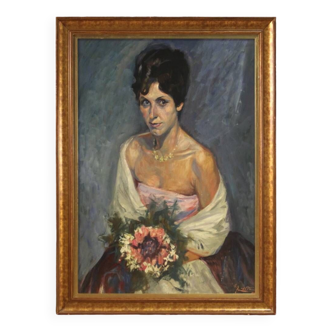 Tableau portrait d'une dame au bouquet de fleurs du 20ème siècle