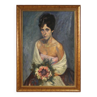 Painting portrait of a lady with a bouquet of flowers from 20th century