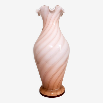 Vase tourbillon en verre de Murano rose et blanc, années 70