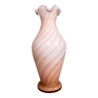 Vase tourbillon en verre de Murano rose et blanc, années 70