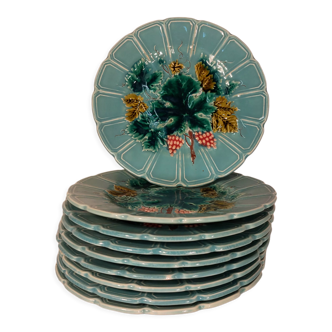 Série de 9 assiettes à dessert en barbotine Majolica Faïence de Sarreguemines