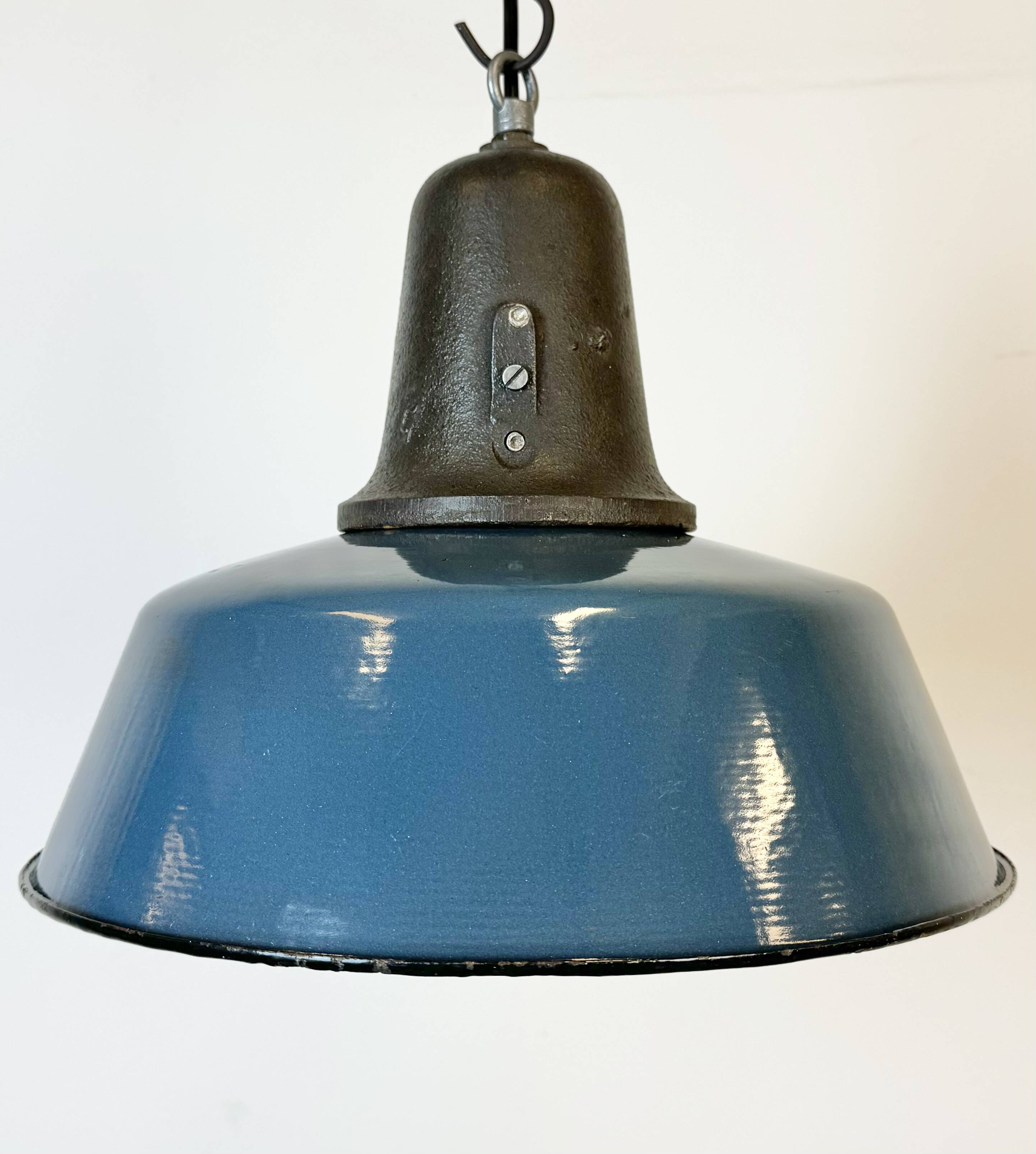 Industrial Blue Enamel Factory Lamp with Cast Iron Top, 1960s