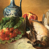 Pair of oval-shaped pastels, still lifes with game, XIXth