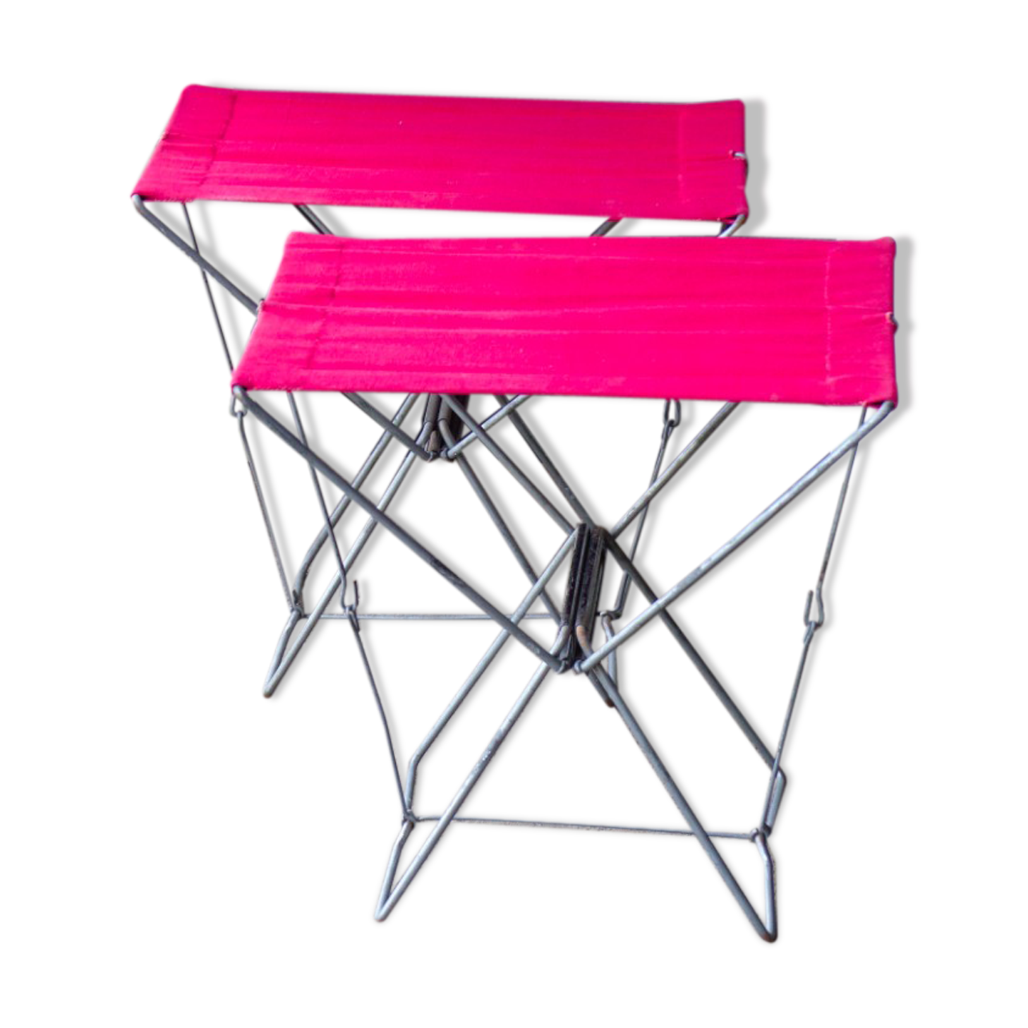 Pair of folding stools in red canvas and metal