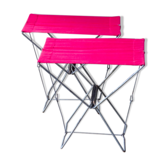 Pair of folding stools in red canvas and metal