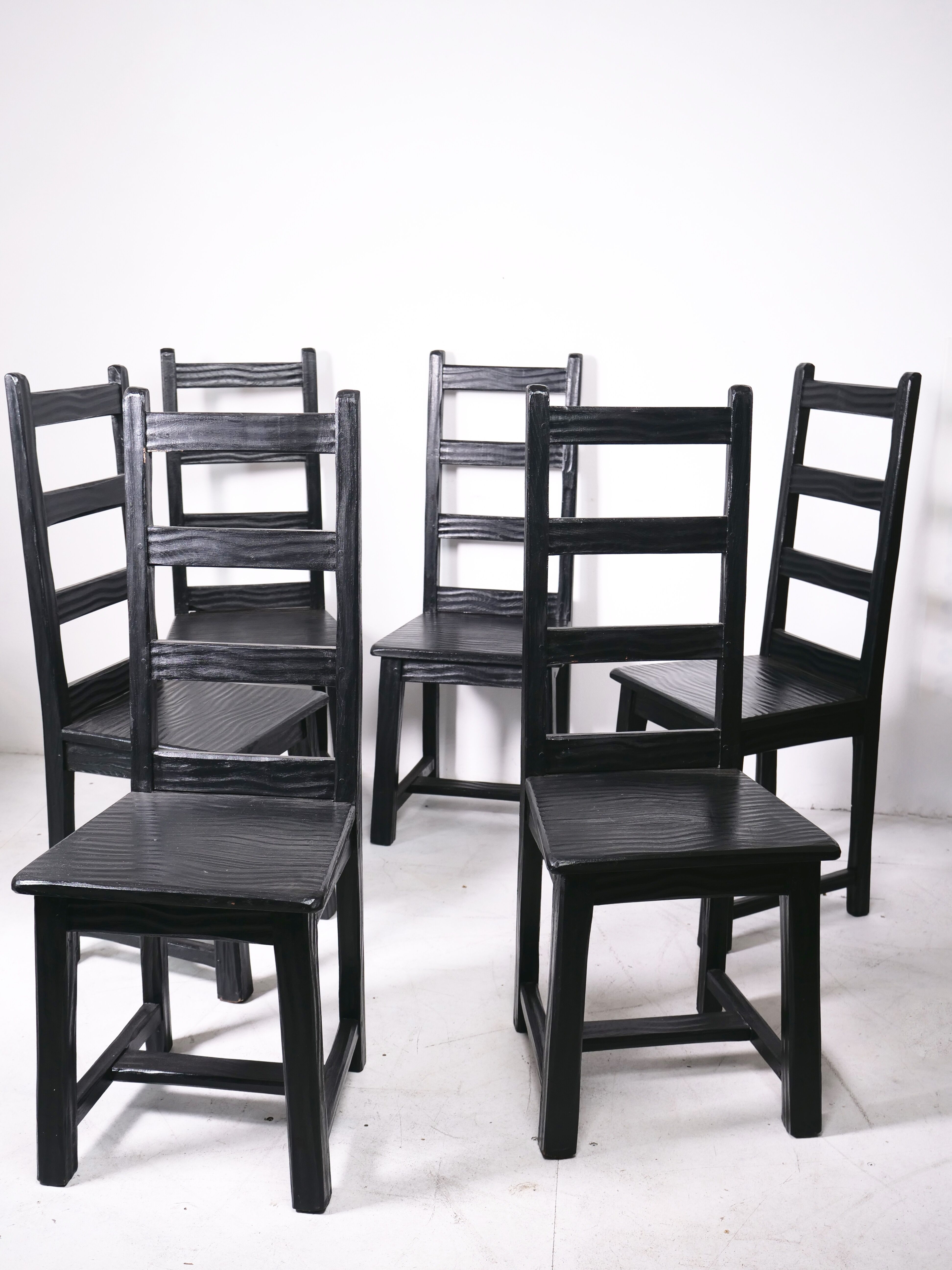 Set of 6 black brutalist chairs in solid oak