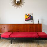 Day Bed sofa in skai, mottled red fabrics and black metal 1950