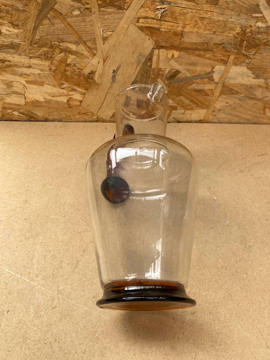 Antique clear blown glass pitcher + orange handle & foot vintage