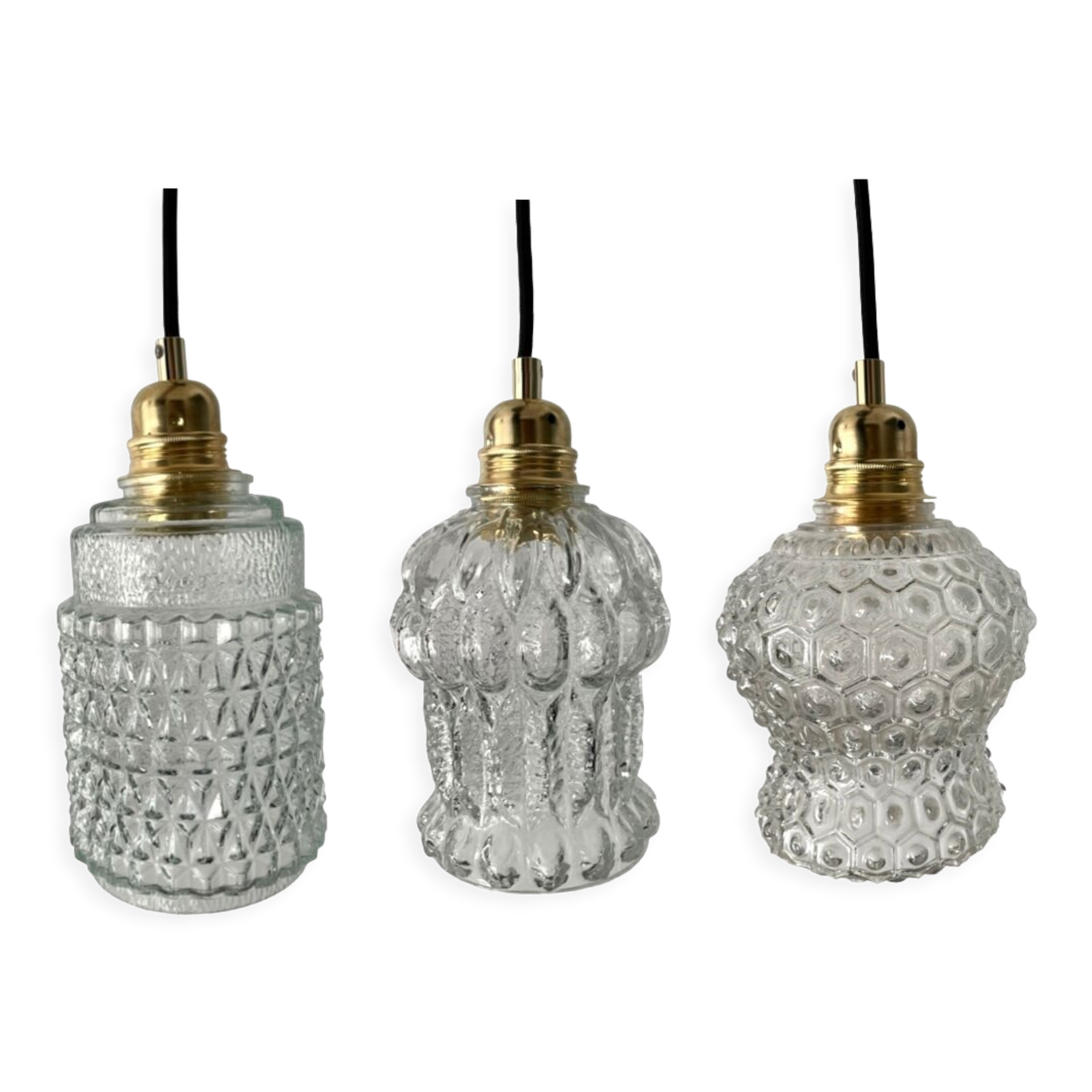Set of three vintage electrified glass pendant lamps