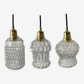 Set of three vintage electrified glass pendant lamps