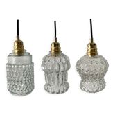 Set of three vintage electrified glass pendant lamps