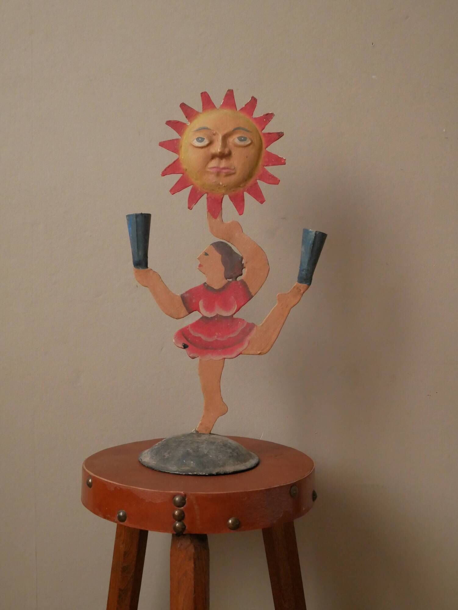 Vintage candelabra candle holder in hand-painted metal Netherlands 70s sun dancer