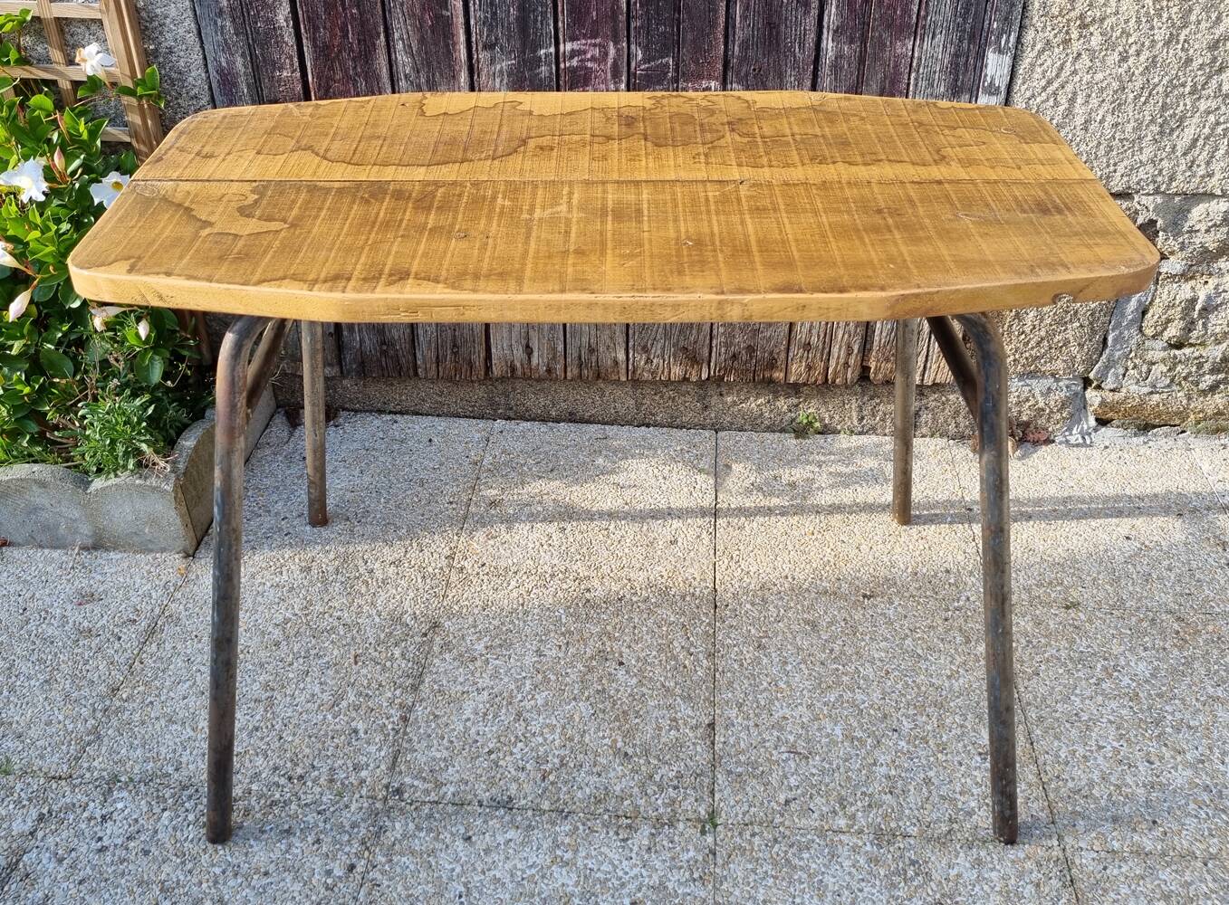 Console, table, raw wood, metal, vintage