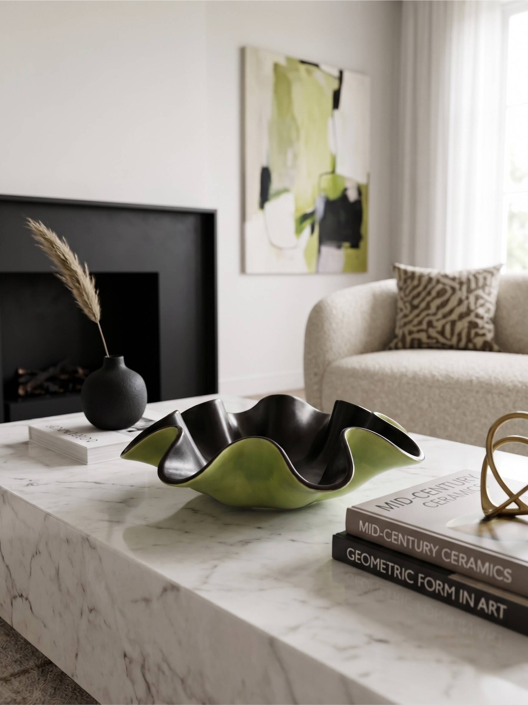 Bowl / centrepiece in green anise and black, Saint-Clément ceramic – Letalle