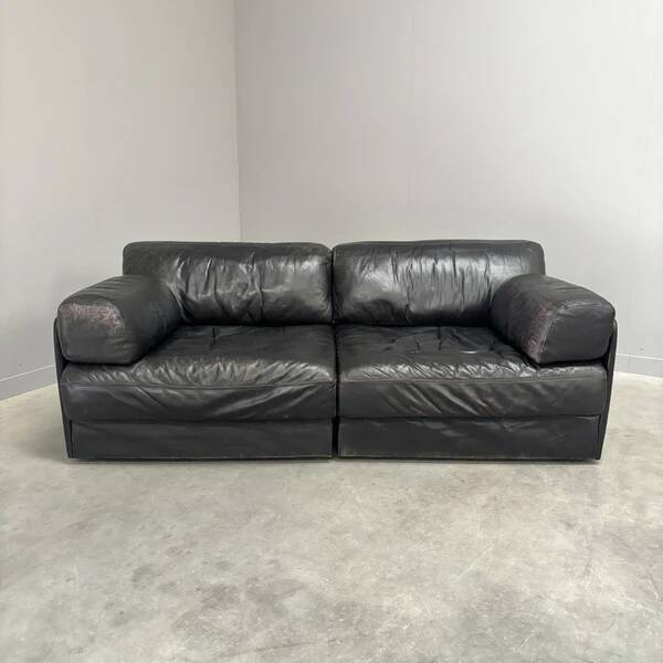 Vintage black leather sofa / daybed, 1970s
