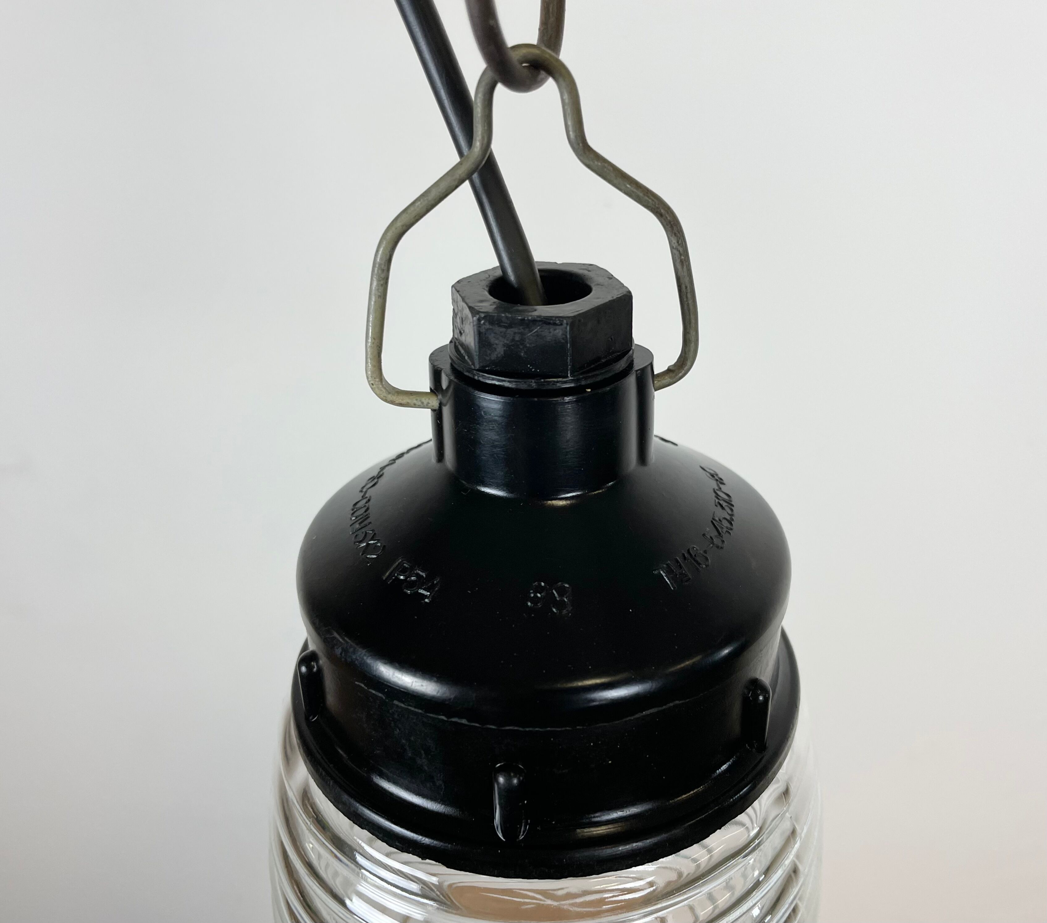 Industrial Bakelite Pendant Light with Ribbed Glass, 1970s