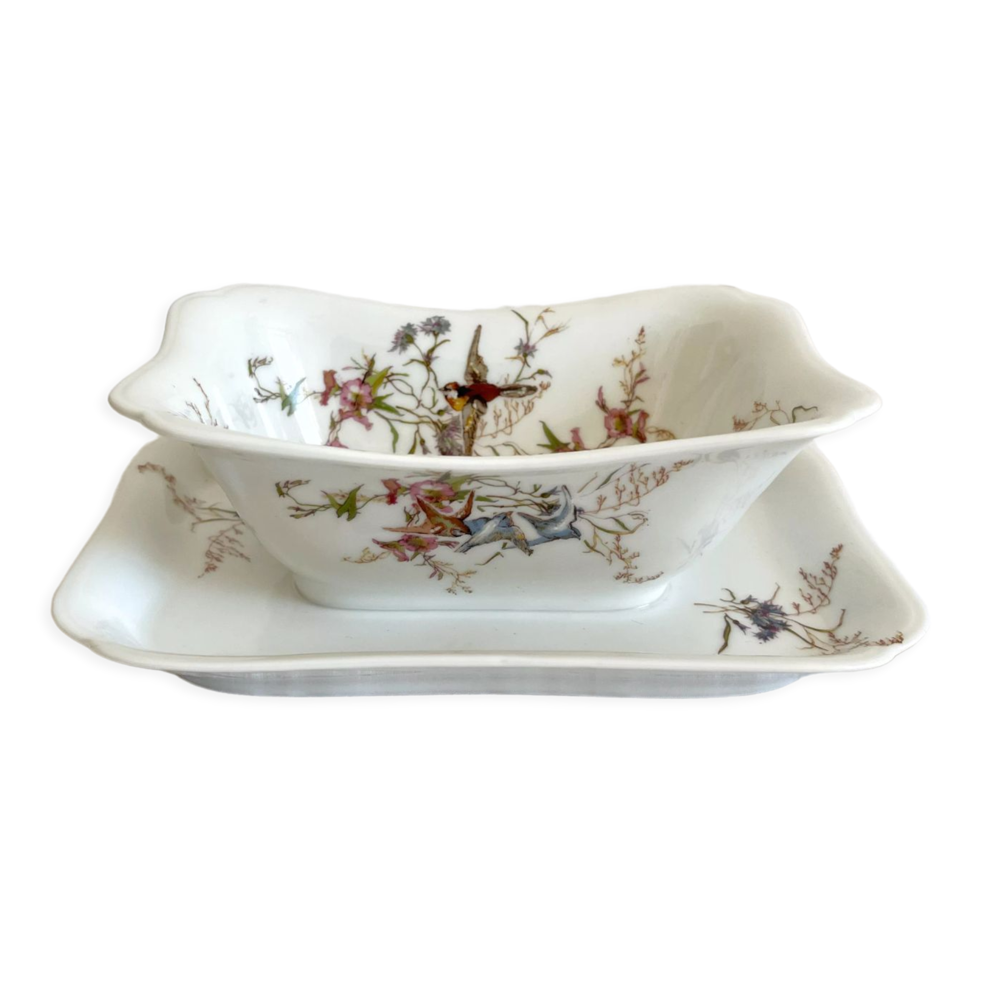 Rectangular sauce boat in Haviland Limoges porcelain with bird decoration