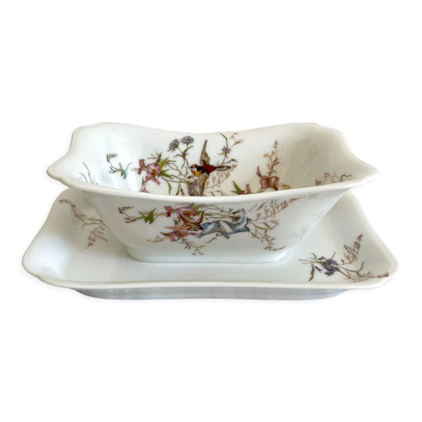 Saucière rectangle en porcelaine de Limoges Haviland décor d'oiseaux