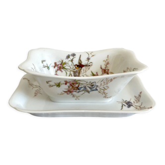 Rectangular sauce boat in Haviland Limoges porcelain with bird decoration